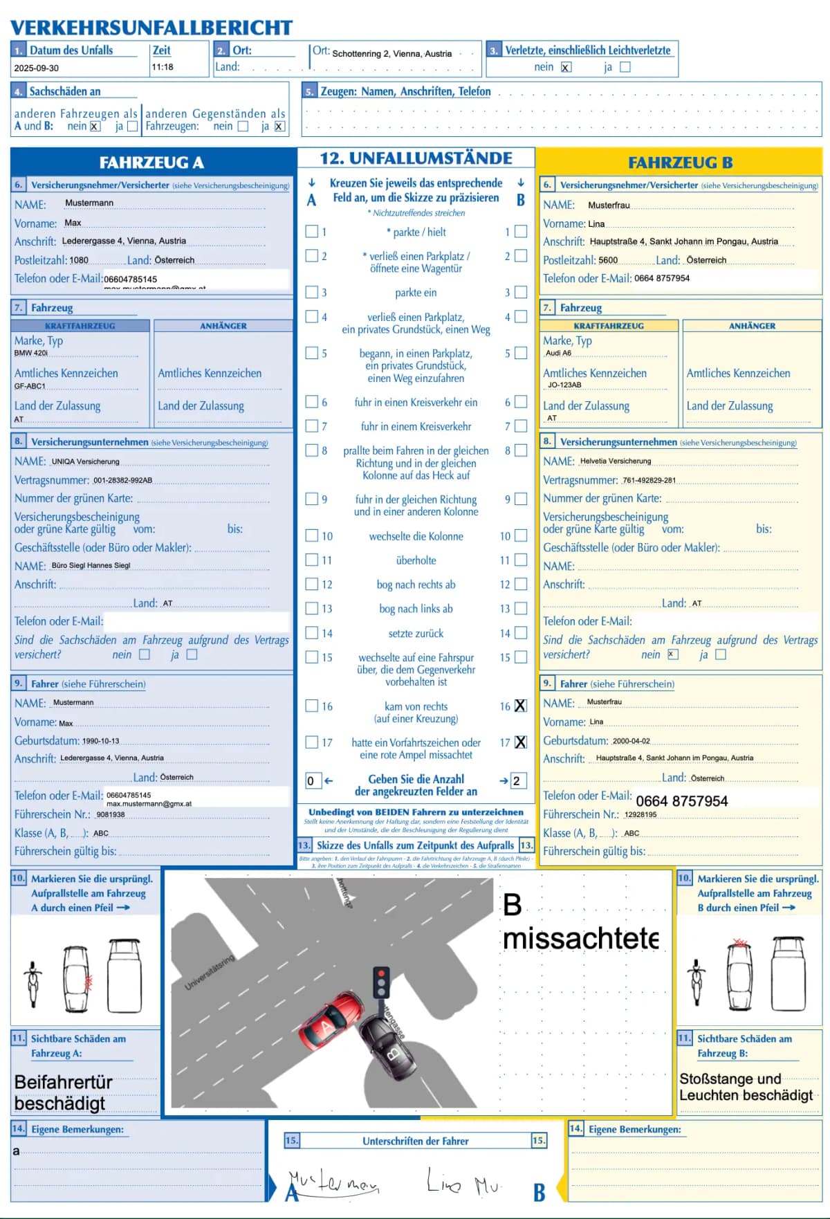Leerer Unfallbericht Vordruck