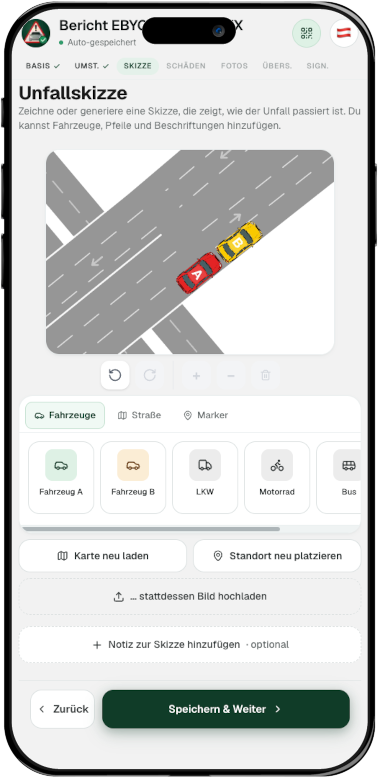 Unfallskizze mit Fahrzeugen und Karte