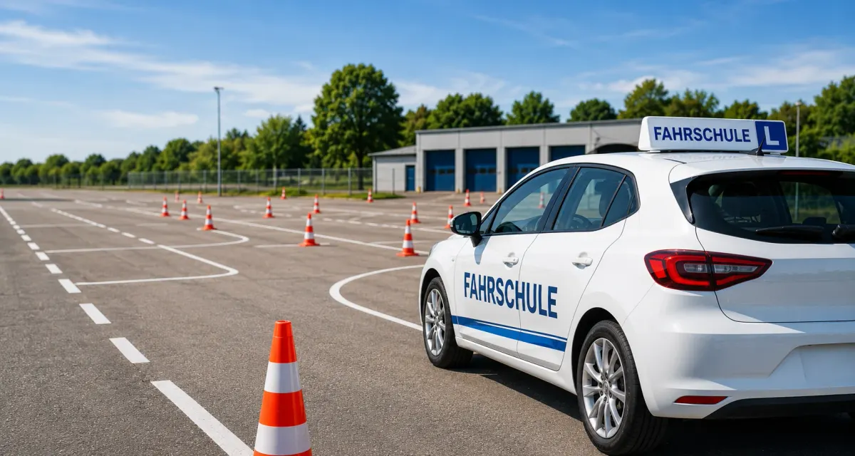 Driving school car on a training ground with traffic cones