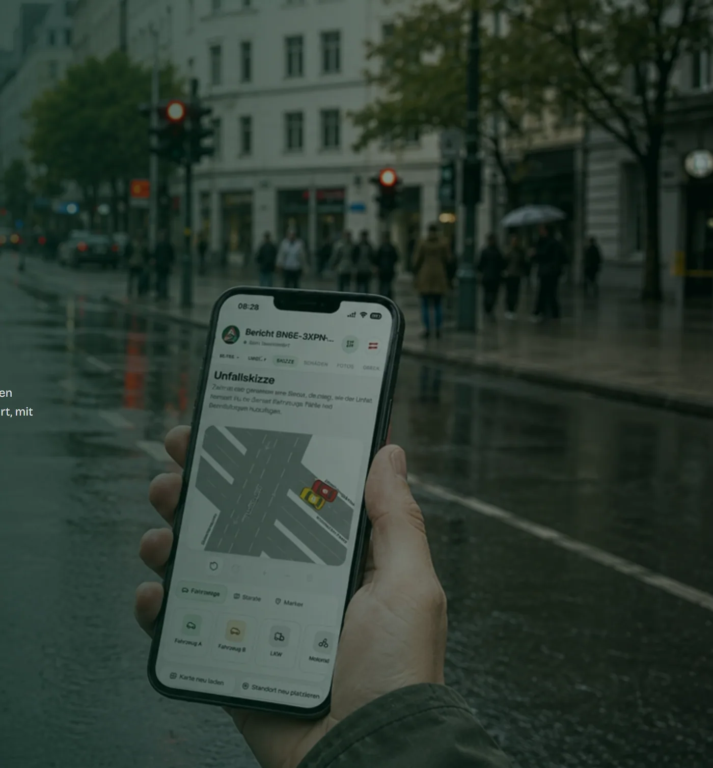 Digitaler Unfallbericht auf einem Smartphone am Unfallort