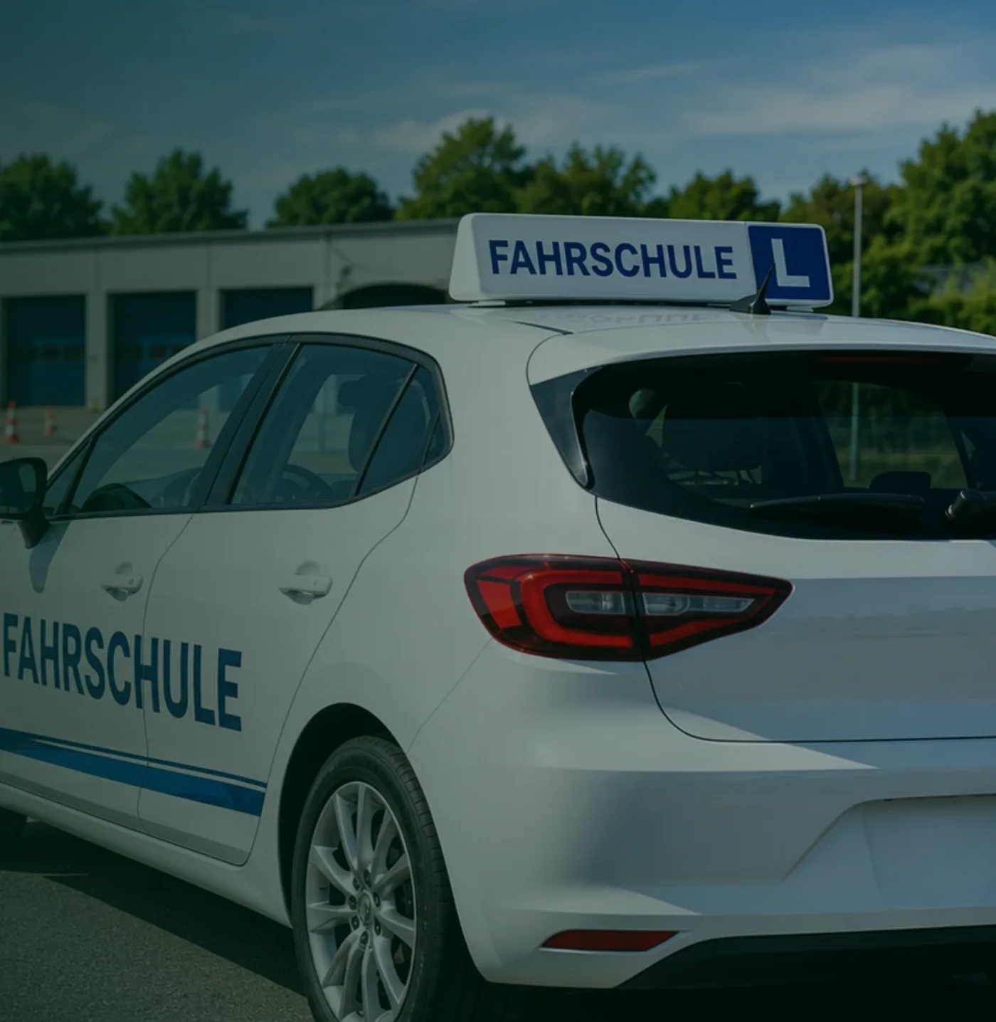 Fahrschulauto mit gut sichtbarem Fahrschulschild